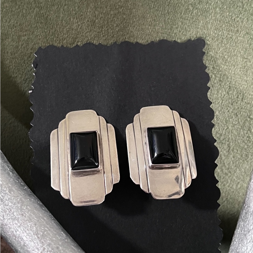 Large Sterling Silver and Black Onyx Native American Clip On Earrings